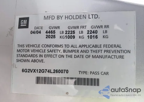 2004 Pontiac Gto z USA, uszkodzony, nr VIN 6G2VX12G74L260070